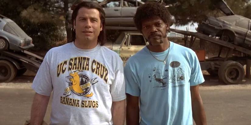 Jules and Vincent standing in t-shirts in Pulp Fiction