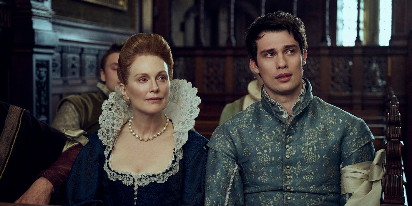 Julianne Moore and Nicholas Galitzine as the Villiers looking intrigued in Mary & George