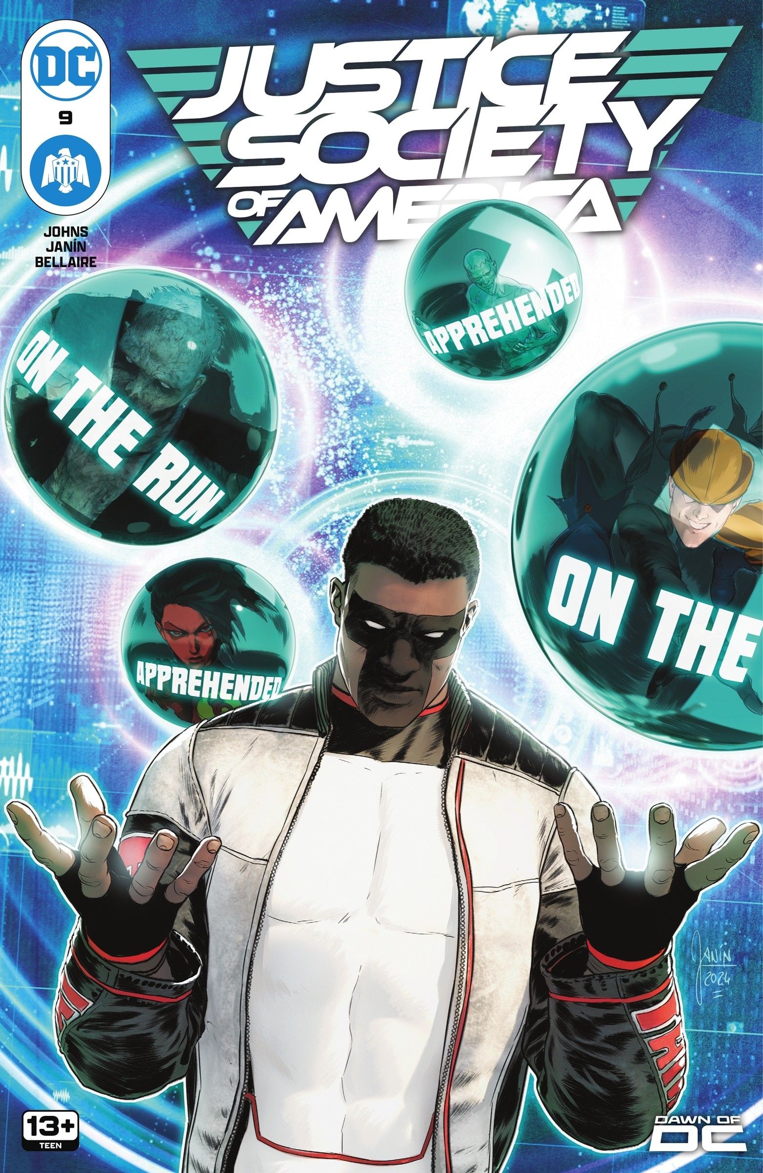 Capa da Sociedade da Justiça da América #9, apresentando Mister Terrific e suas T-Spheres