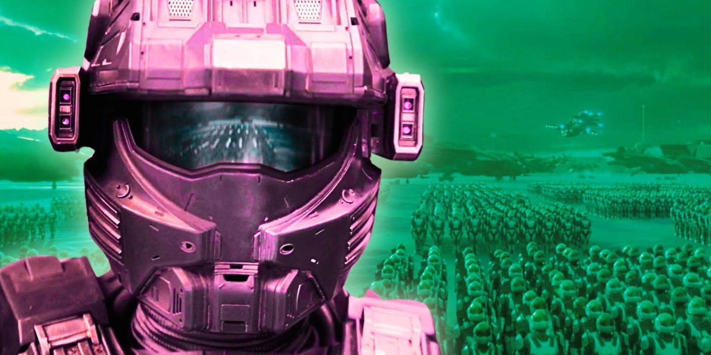 Kai (Kate Kennedy) in Spartan armor looking at Halo season 2's Spartan-III soldiers