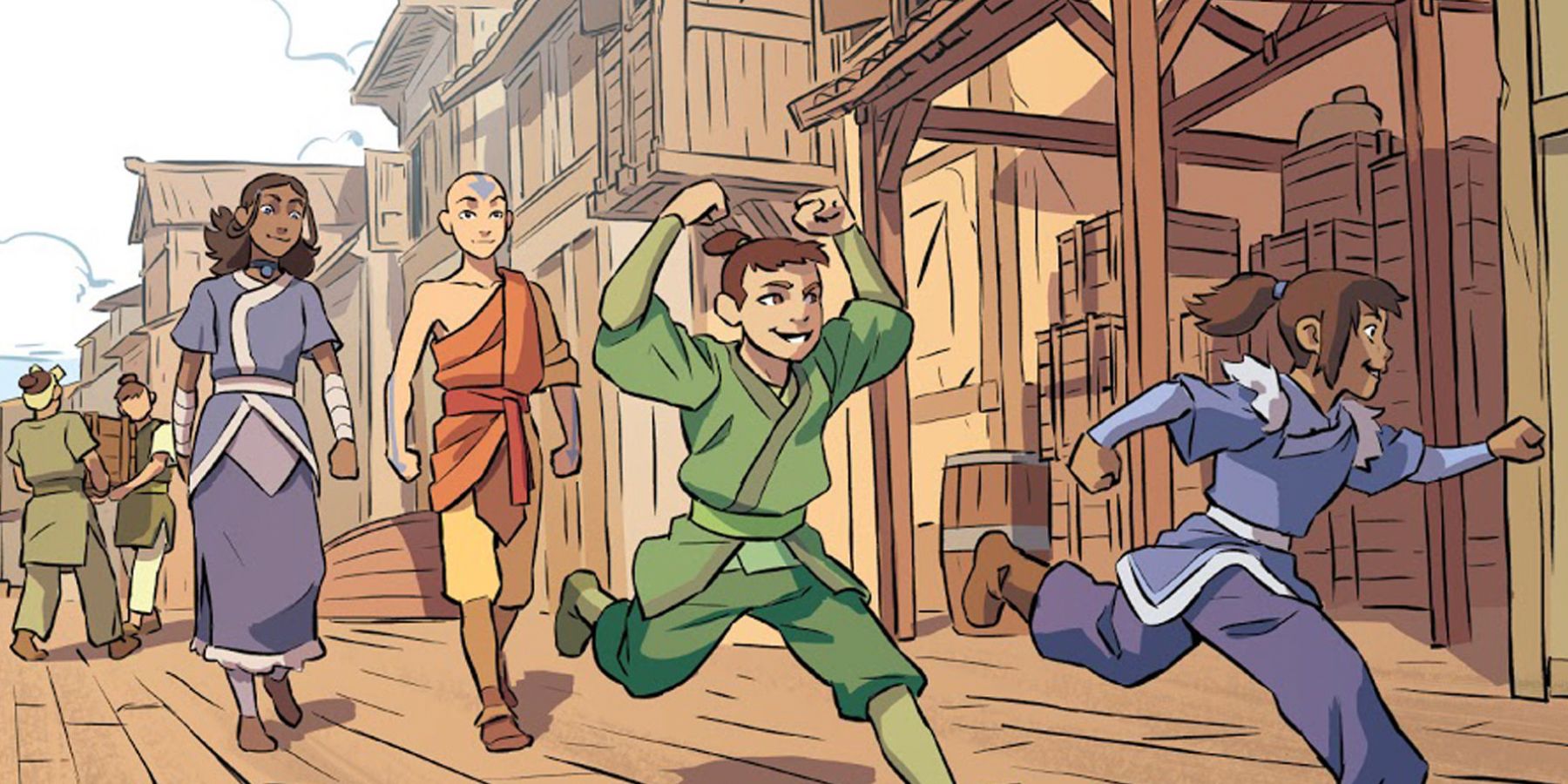 Katara and Aang walking alongside wooden buildings with children running ahead of them in the Avatar comics
