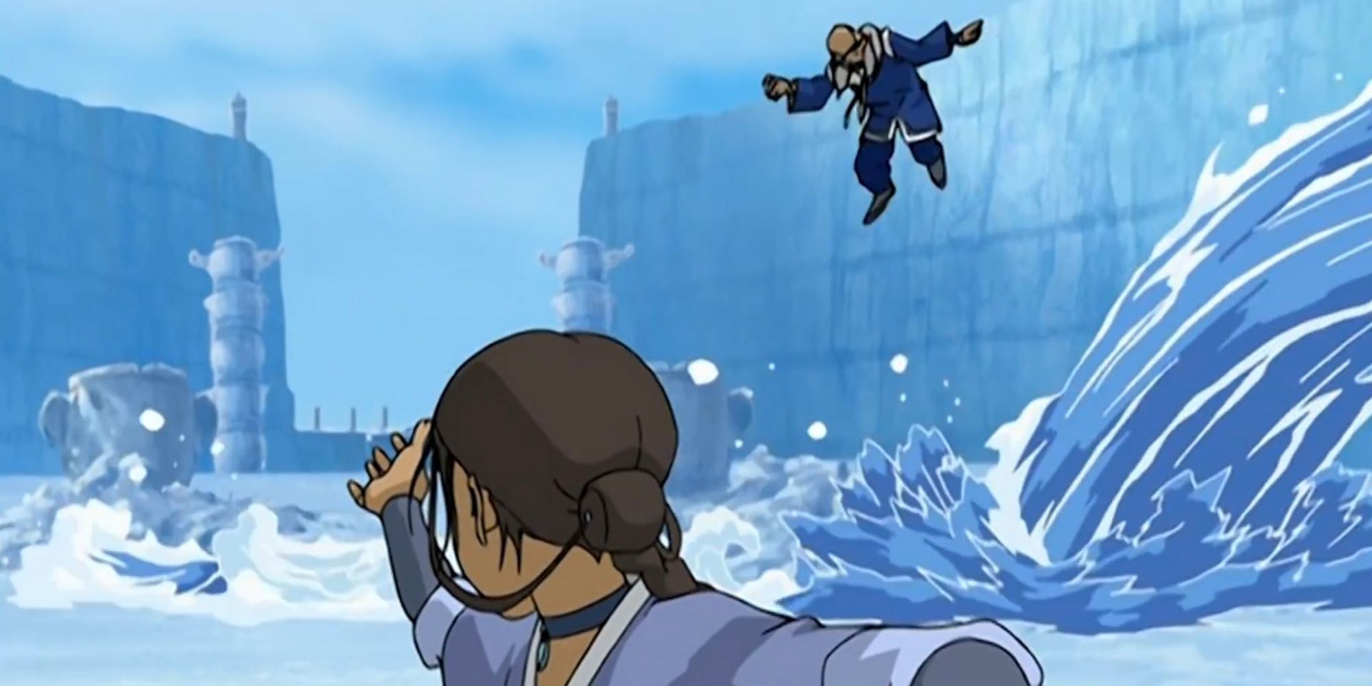 Katara fighting in the Northern Water Tribe city in Avatar The Last Airbender