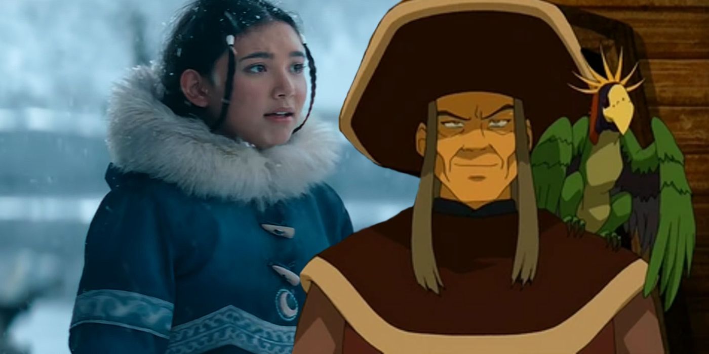 Kiawentiio como Katara em Last Airbender da Netflix ao lado do modelo animado do capitão pirata do programa original