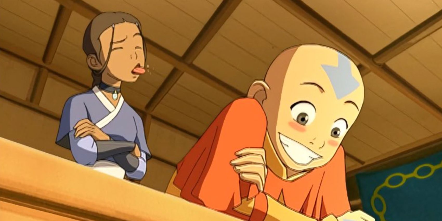Katara sticking her tongue out while Aang blushes at attention he receives in the animated Avatar the Last Airbender series