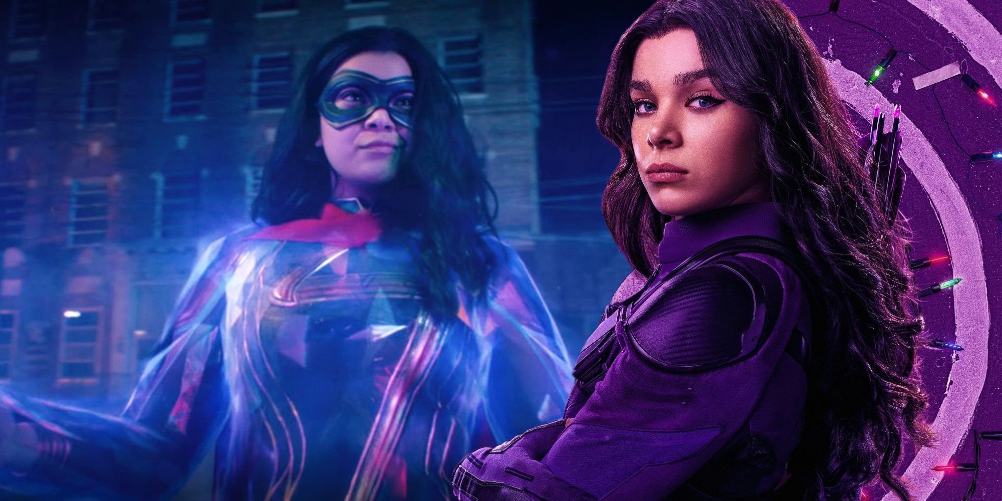 Hailee Steinfeld as Kate Bishop in her Hawkeye poster next to Iman Vellani as Ms. Marvel surrounding by blue energy