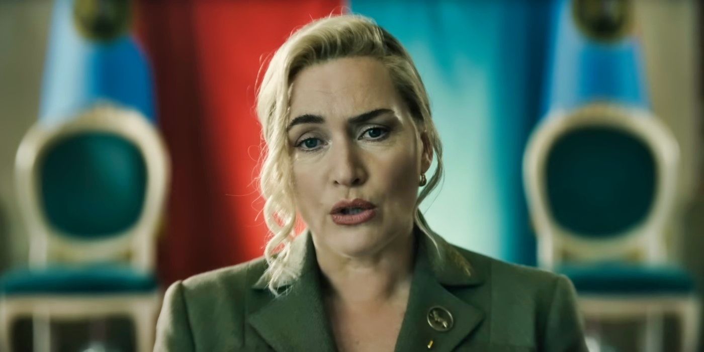 Kate Winslet as Chancellor Elena interrogating Emil Bartos in The Regime episode 2