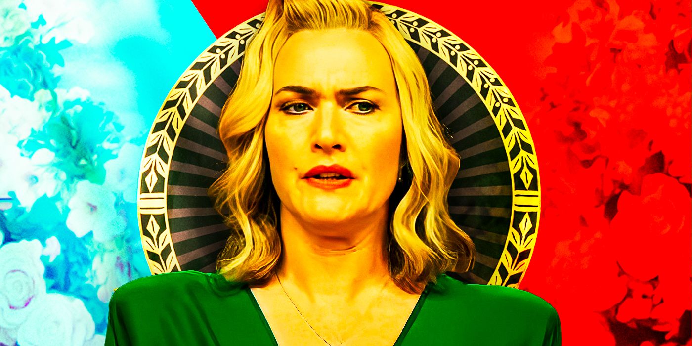 Kate Winslet as Chancellor Elena Vernham from the Regime with country seal in background