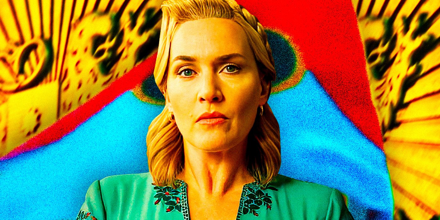 Kate Winslet as Chancellor Elena Vernham in HBO's The Regime against the backdrop of the nation's flag