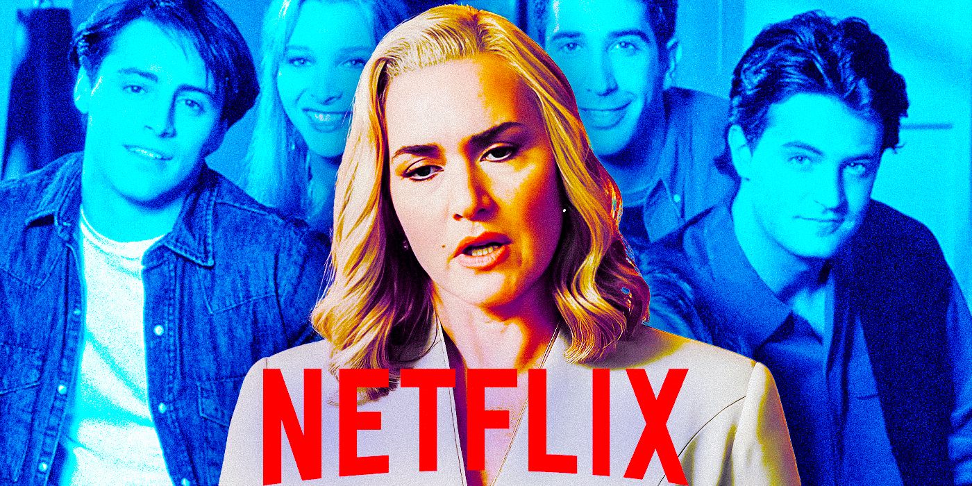 Kate Winslet in the Regime with the Netflix logo and the Friends cast in the background
