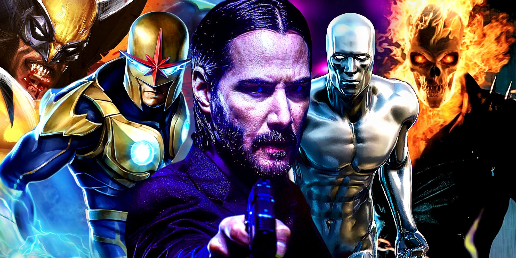 Keanu Reeves as John Wick Alongside His Marvel Fan Castings Ghost Rider, Nova, Silver Surfer, and Wolverine