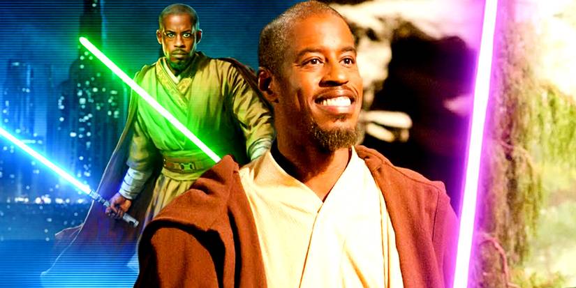 Left side: Jedi Master Kelleran Beq with blue and green lightsabers in Star Wars: Galaxy of Heroes; right side: Ahmed Best as Kelleran Beq with a purple lightsaber in Star Wars: Jedi Temple Challenge.