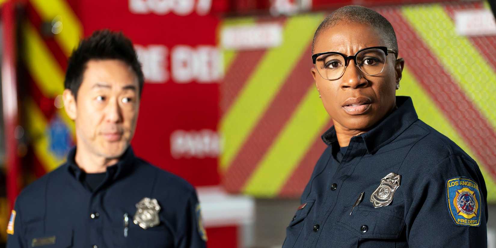 Kenneth Choi as Howie Han and Aisha Hinds as Hen Wilson in 9-1-1 season 7.