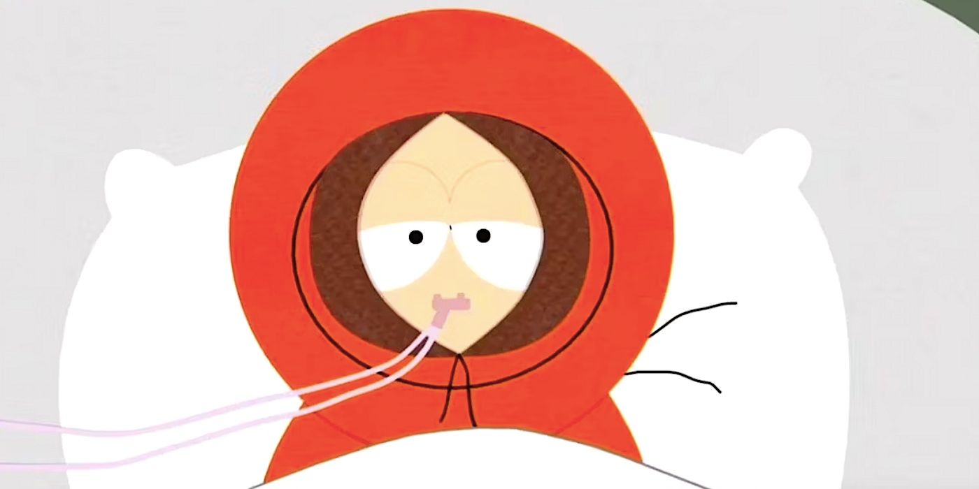 Kenny lying in a hospital bed looking sick in South Park season 5