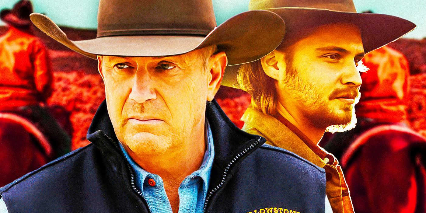 Kevin Costner as John Dutton and Luke Grimes as Kayce Dutton from Yellowstone