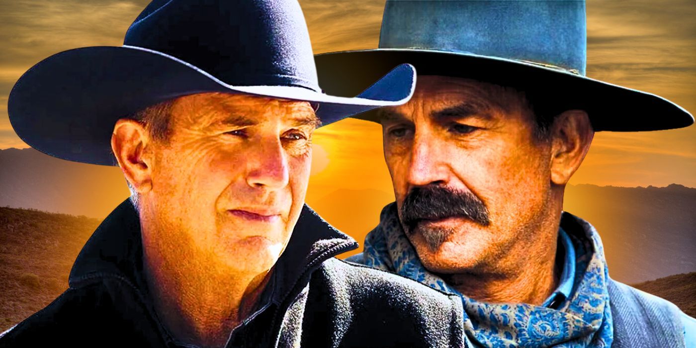 Kevin Costner wearing a modern cowboy hat and vest in Yellowstone and in Horizon: An American Saga wearing a cowboy hat and scarf and sporting a mustache