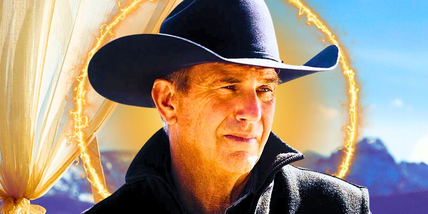 John Dutton (Kevin Costner) grimaces while wearing a cowboy hat and a ring of fire encircles his head, set against a mountain backdrop in Yellowstone