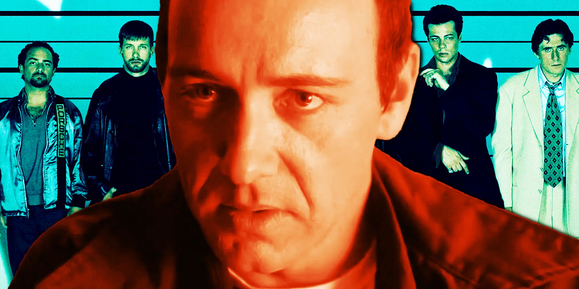 Blended image of Kevin Spacey as Verbal Kint and other cast from The Usual Suspects in the line up