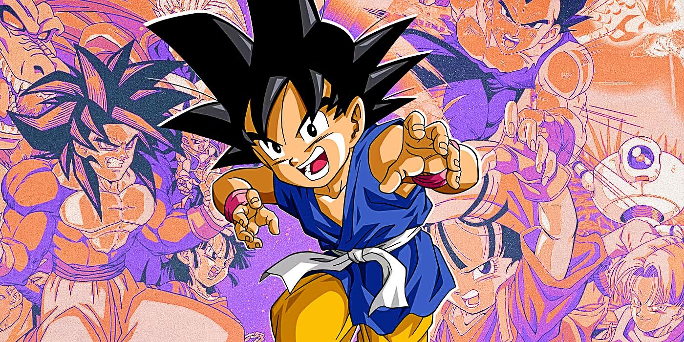 Dragon Ball GT's Kid Goku jumping up for an attack over a background of a poster from GT.