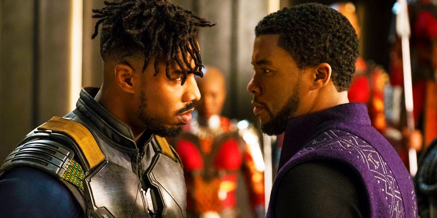 Killmonger and T'Challa in Wakanda's throne room in Black Panther