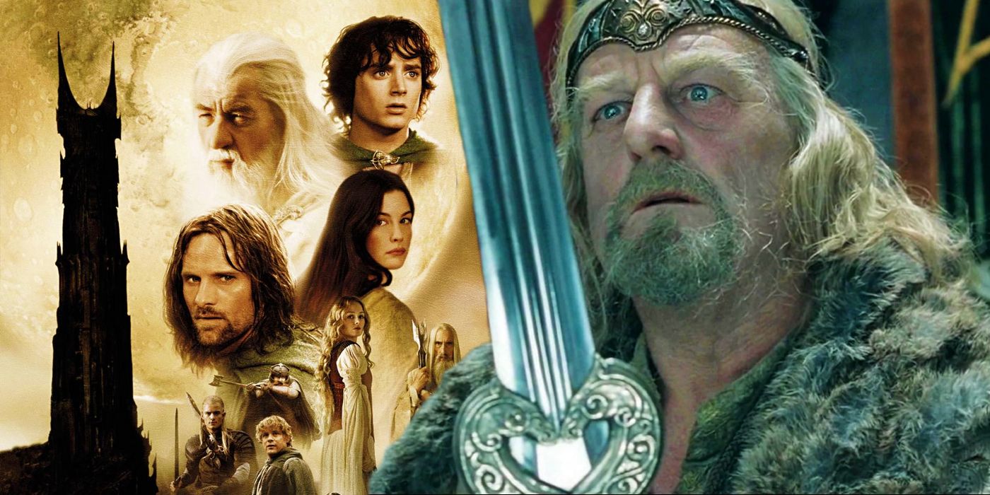King Theoden looking at his sword in disbelief next to the poster for The Lord of the Rings: The Two Towers