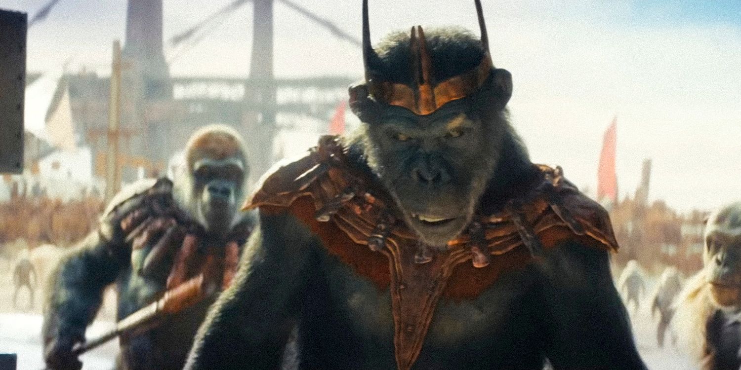 Proximus Caesarangry looking and ape warrior on the back in kingdom of the planet of the apes