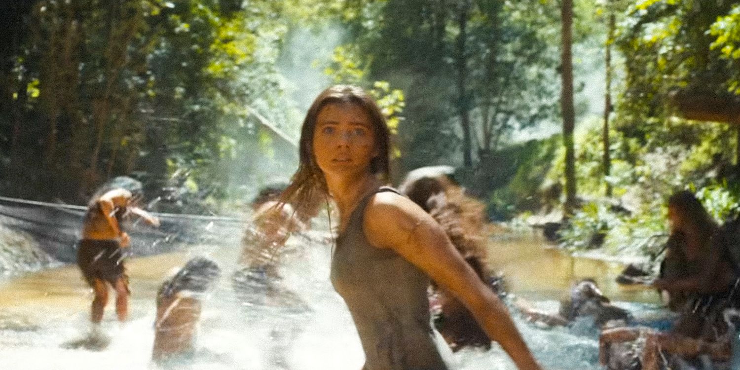 mae and a group of people in a river running from somethin in kingdom of the planet of the apes