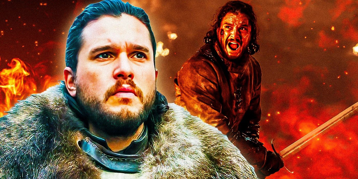 Split image of Kit Harington as Jon Snow looking serious in Game of Thrones and of him in battle