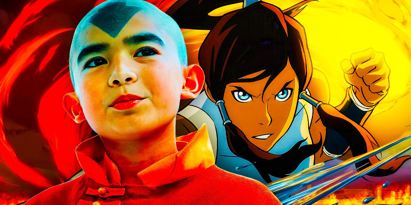 Aang from the live-action Netflix adaptation of Avatar: The Last Airbender and Korra from the animated series The Legend of Korra on red and yellow background. 