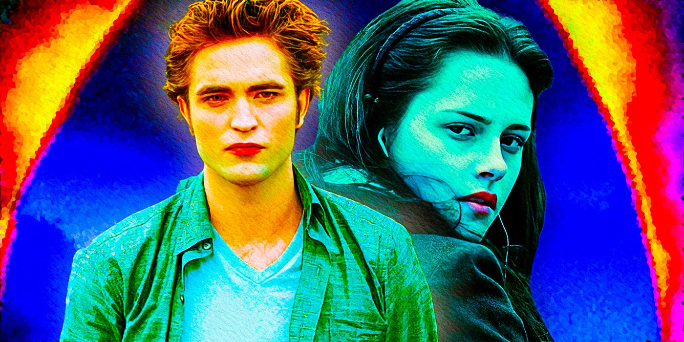 Robert Pattinson como Edward Cullen e Kristen Stewart como Bella Swan em Crepúsculo.