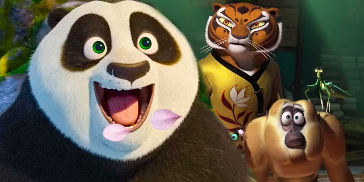 Po smiling while inhaling cherry blossoms in Kung Fu Panda 4 next to Tigress Monkey and Mantis looking worried in Kung Fu Panda 3