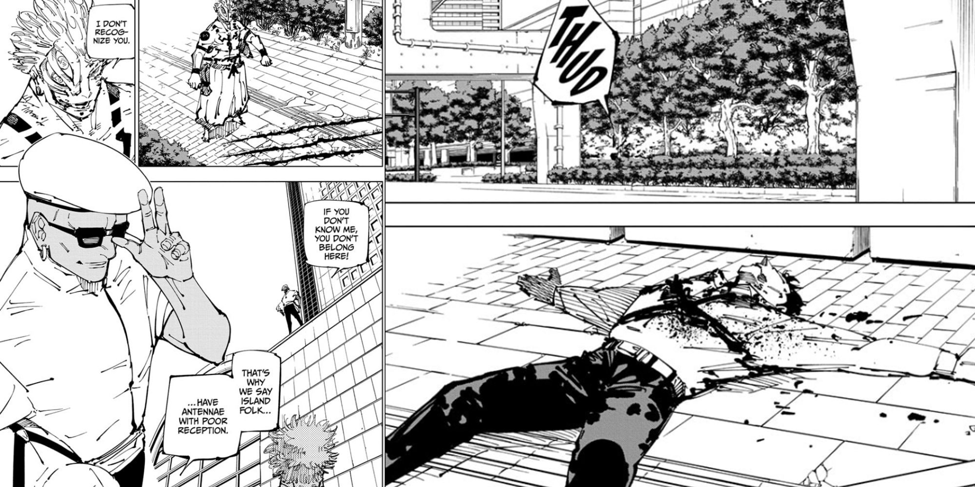 Kusakabe deitado no chão com dois cortes cruzados no peito e a chegada de Miguel ao local do mangá em Jujutsu Kaisen