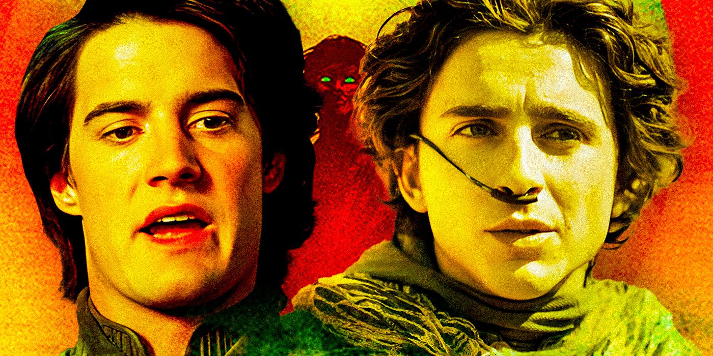 Collage of Kyle MacLachlan as Paul Atreides from Dune (1984) and Timothee Chalamet as Paul Atreides from Dune: Part Two