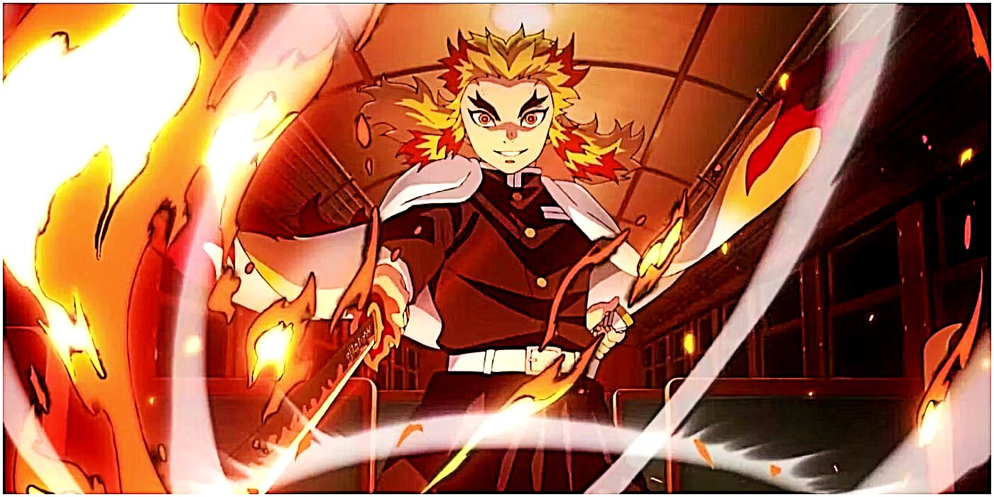 Kyojuro the Flame Hashira se prepara para a batalha no Trem Mugen