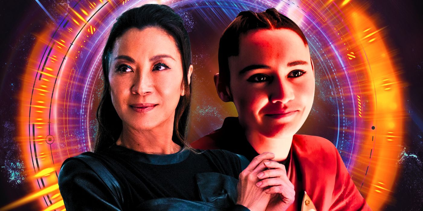 Michelle Yeoh as Georgiou and Christina Chong as La'an both smiling