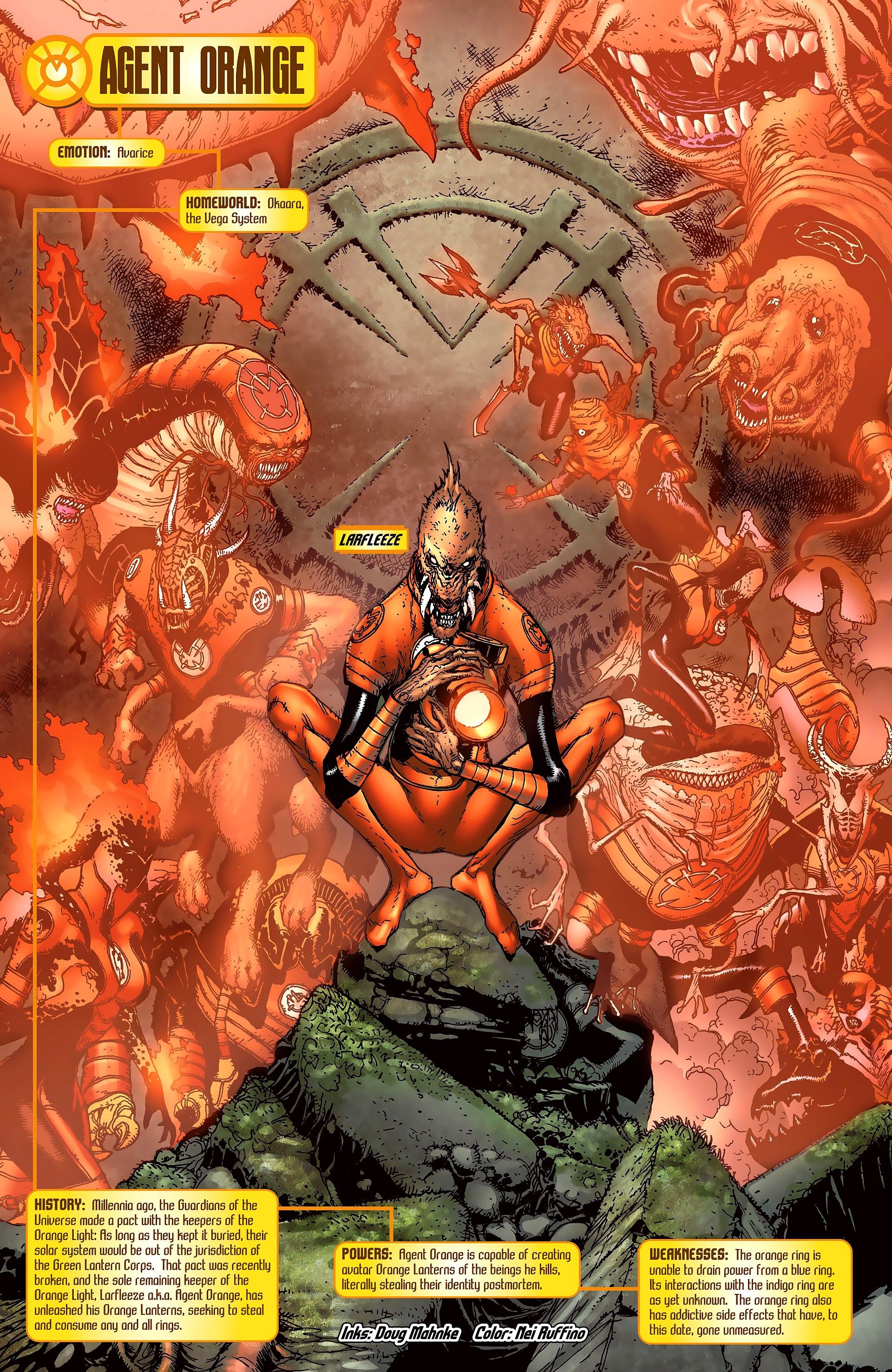 Image of Larfleeze surrounded by Orange Lanterns