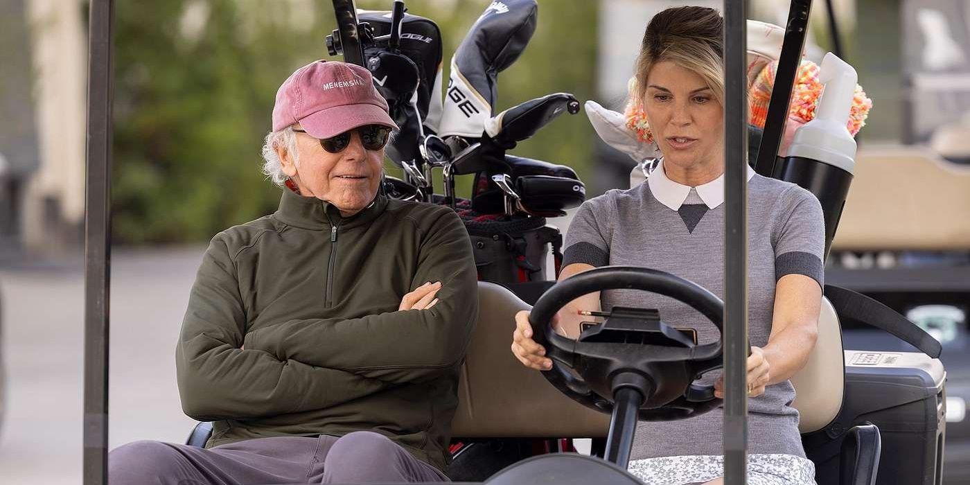 Larry and Lori Loughlin in a golf cart in Curb Your Enthusiasm