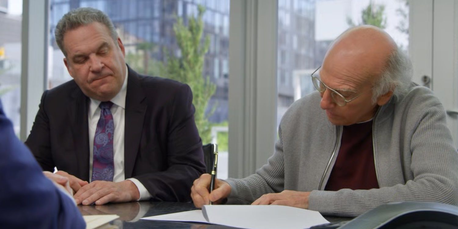 Larry assinando um documento legal com Jeff em Curb Your Enthusiasm