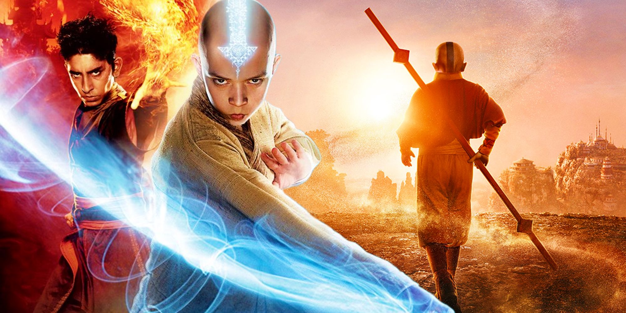 The poster for The Last Airbender 2010 movie next to Aang walking toward the sunset in Netflix's The Last Airbender