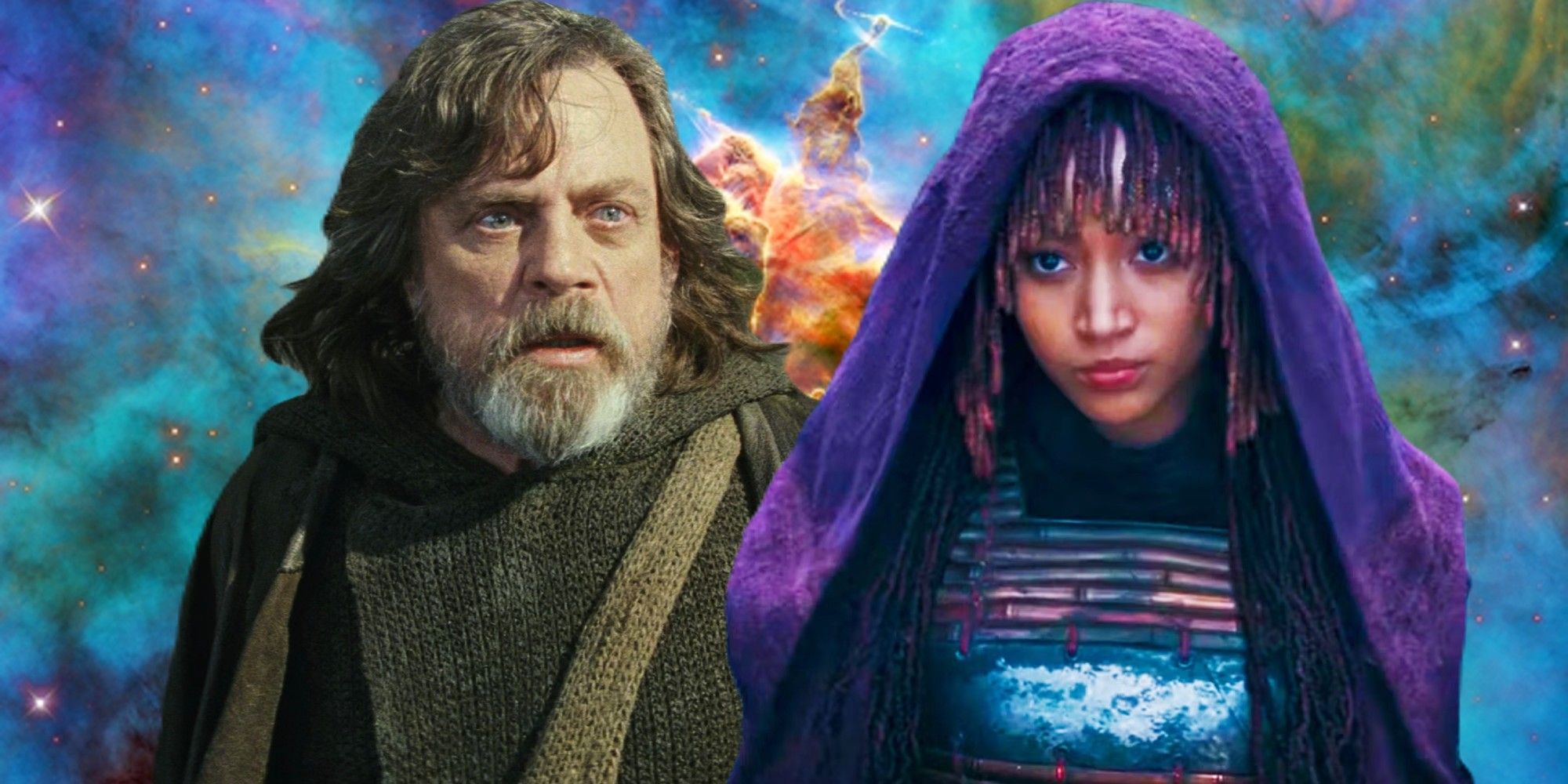 Luke Skywalker (Mark Hamill) with a shocked expression on Ahch-To in Star Wars: Episode VIII - The Last Jedi next to Mae (Amandla Stenberg) in the trailer for The Acolyte