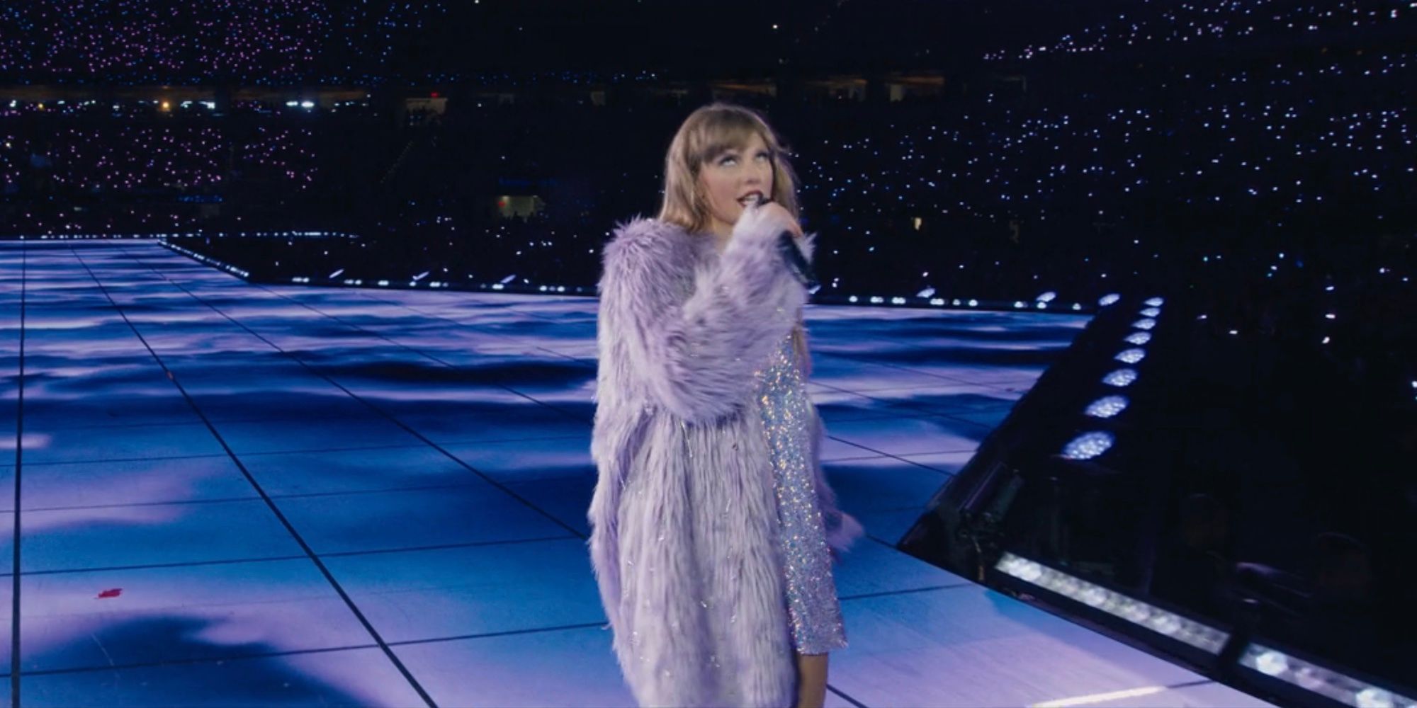 Taylor Swift rolls her eyes while performing "Lavender Haze" in The Eras Tour movie.