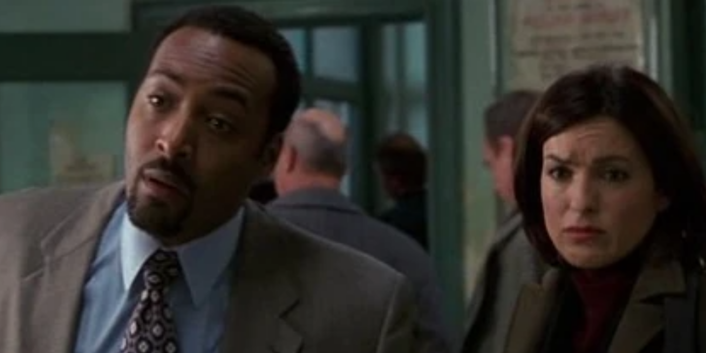 Jesse L. Martin and Mariska Hargitay looking surprised in the Law and Order SVU Season 1, Episode 15, episode Entitled