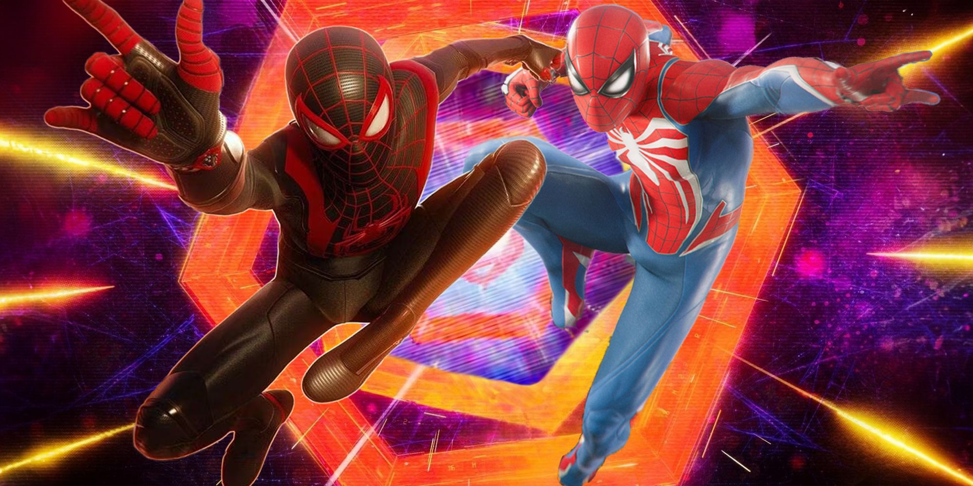 Peter and Miles from the Spider-Man 2 game emerging from a Spider-Verse portal.