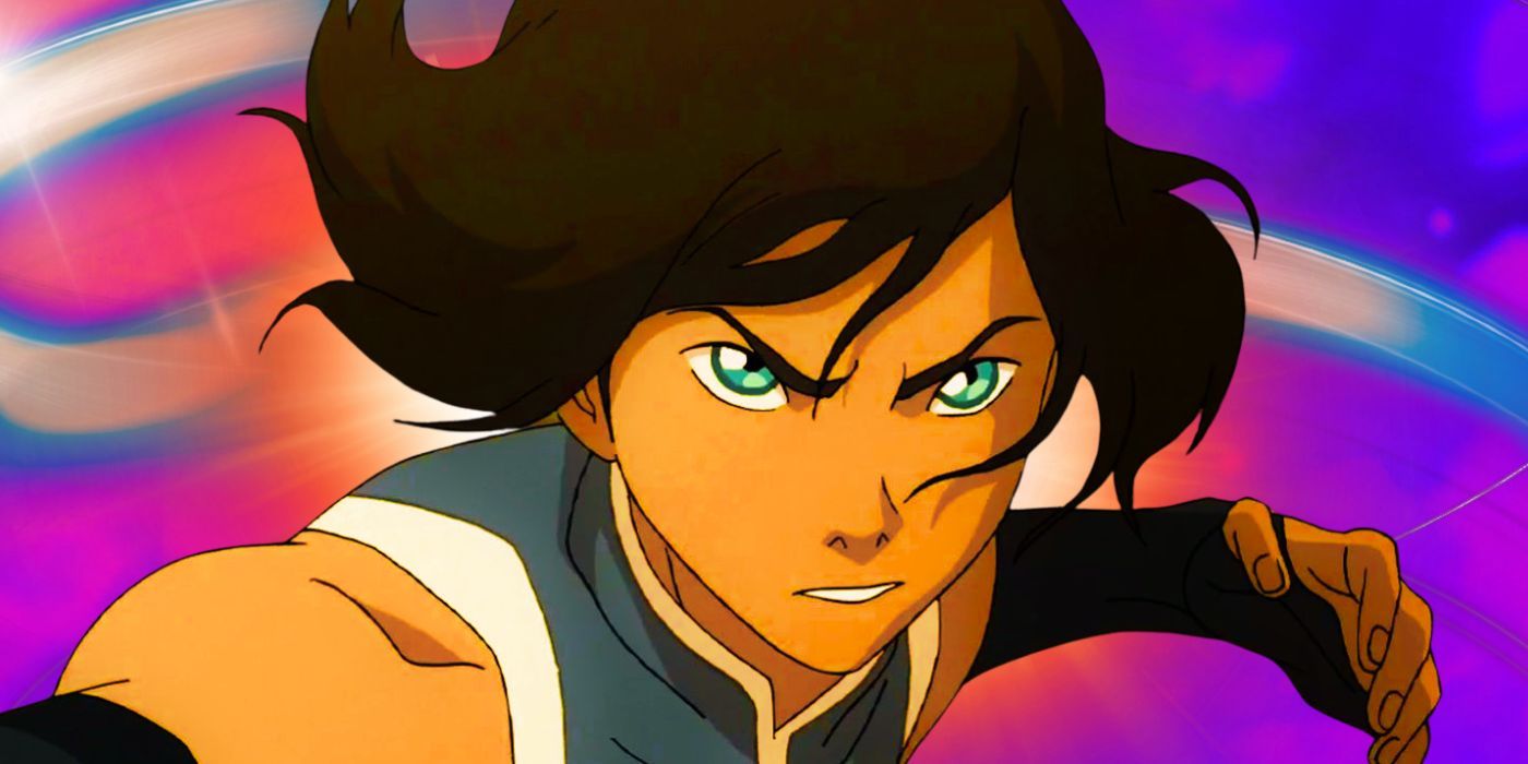 Korra looking angry in The Legend of Korra against a blue, pink, and purple background