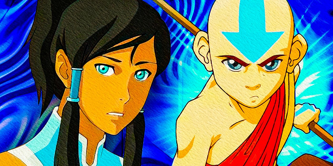 Korra from The Legend of Korra and Aang from Avatar: The Last Airbender against a blue background
