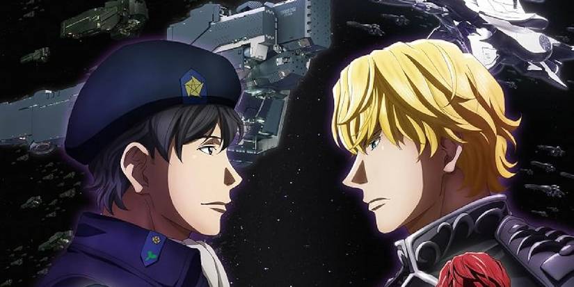 Legend of the Galactic Heroes Die Neue These two characters staring at each other with space ships behind them.
