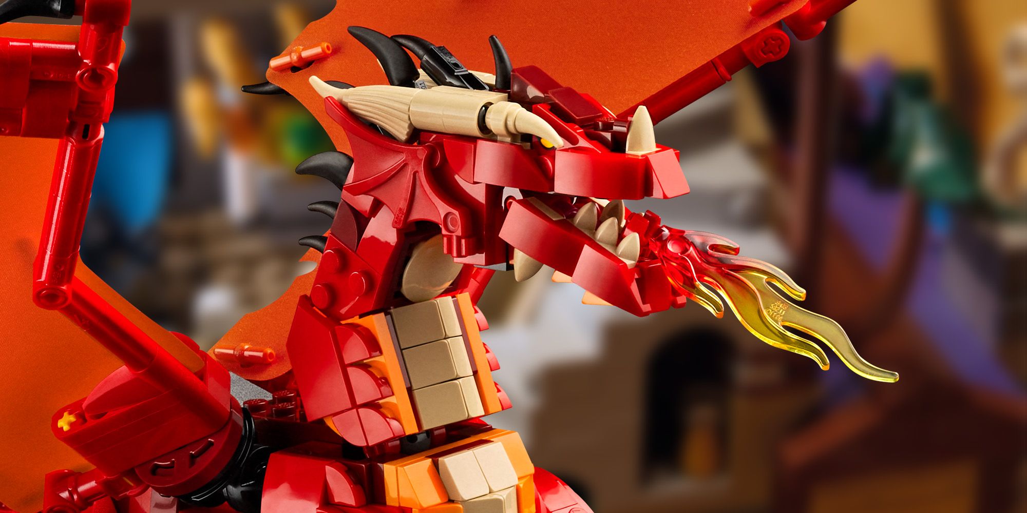 Red LEGO dragon in front of a blurred image of a crumbling tower build.