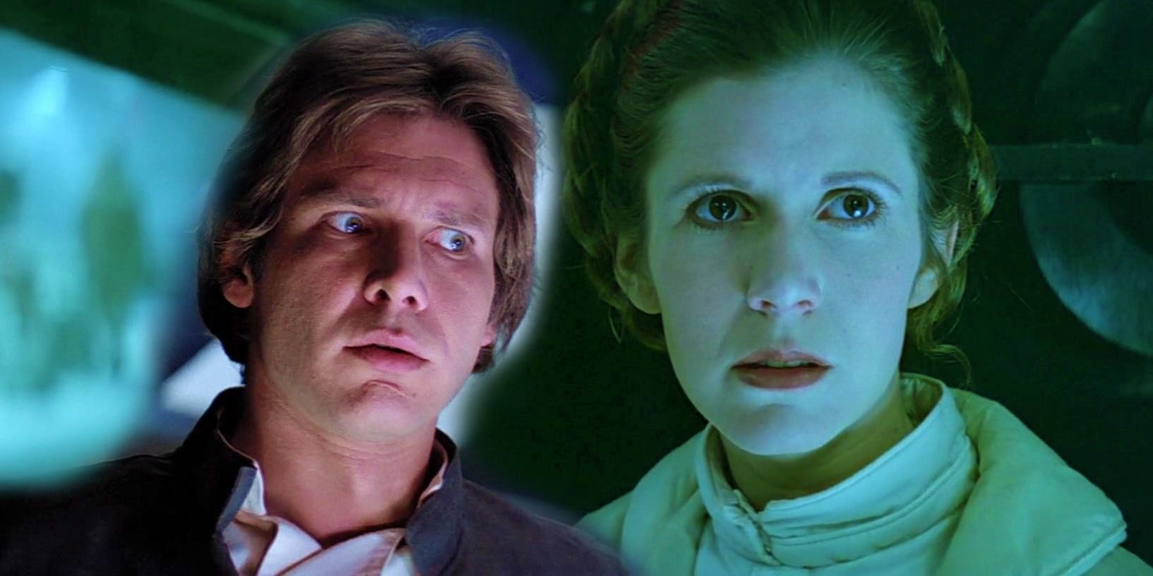 Han Solo looking shocked in The Empire Strikes Back to the left and Leia looking serious in a green hue to the right