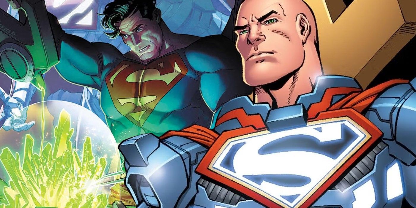 lex luthor wearing superman armor, while in the background superman himself works in a lab