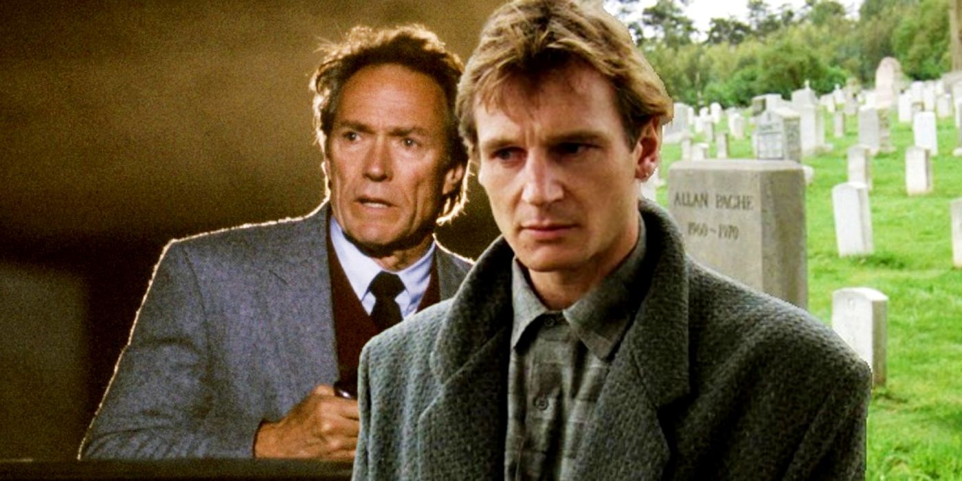 Liam Neeson as Peter Swan juxtaposed with Clint Eastwood as Harry Callahan in The Dead Pool