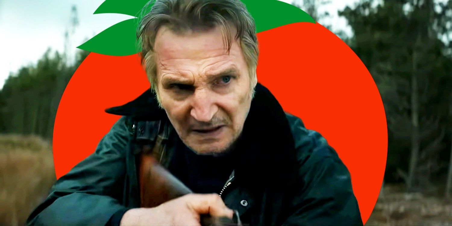 Liam Neeson ready to aim his gun with the fresh Rotten Tomatoes symbol in the back